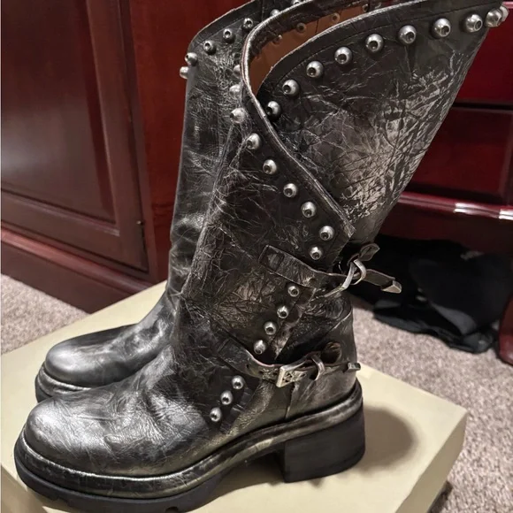 Like New A.S.98 Studded Silver Leather Boots - Picture 1 of 14